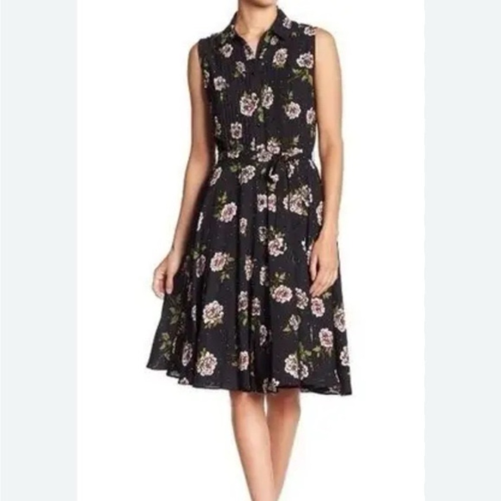 NANETTE LEPORE Shirt Dress 2 Black Floral Pintuck Button Front Midi EUC